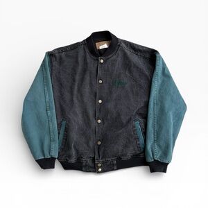 Vintage 90s Two Tone Black/Green Snap up Varsity Denim Bomber XL